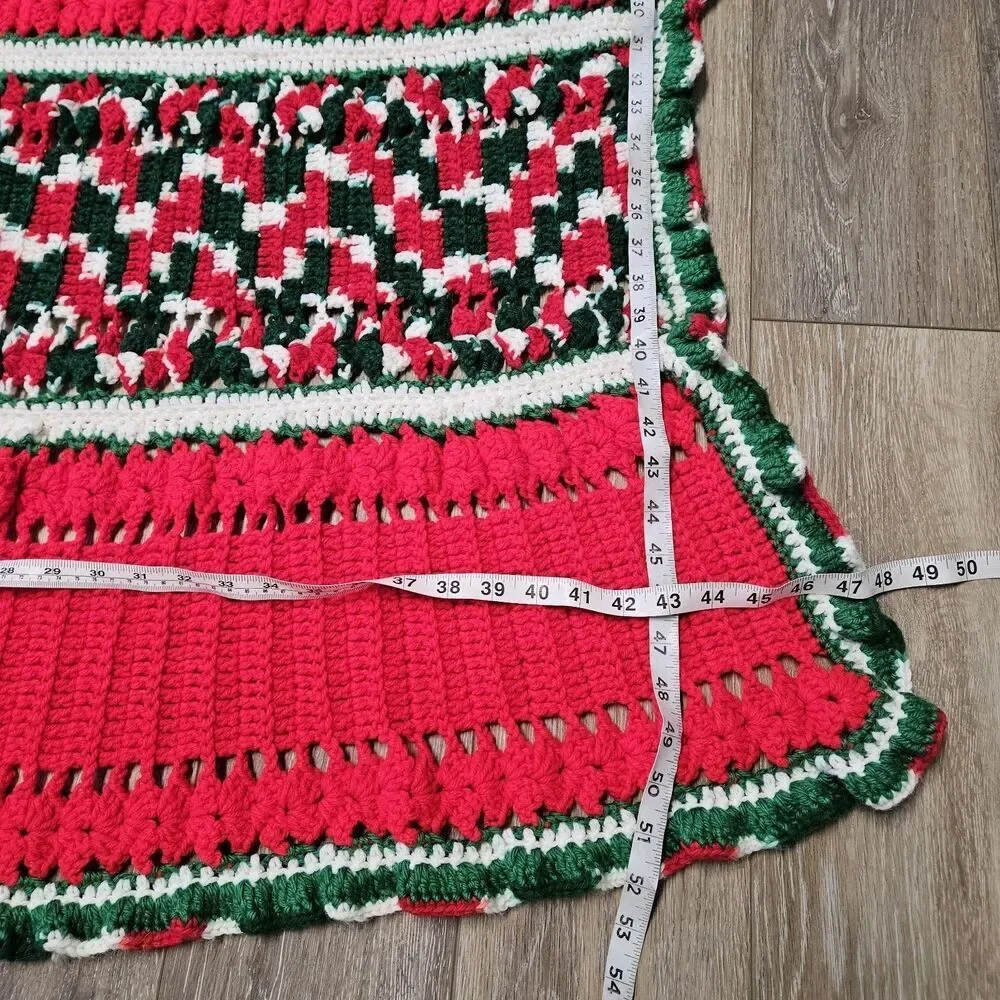 Vintage Handmade Crochet Afghan Blanket Red Green White Christmas Holiday Throw